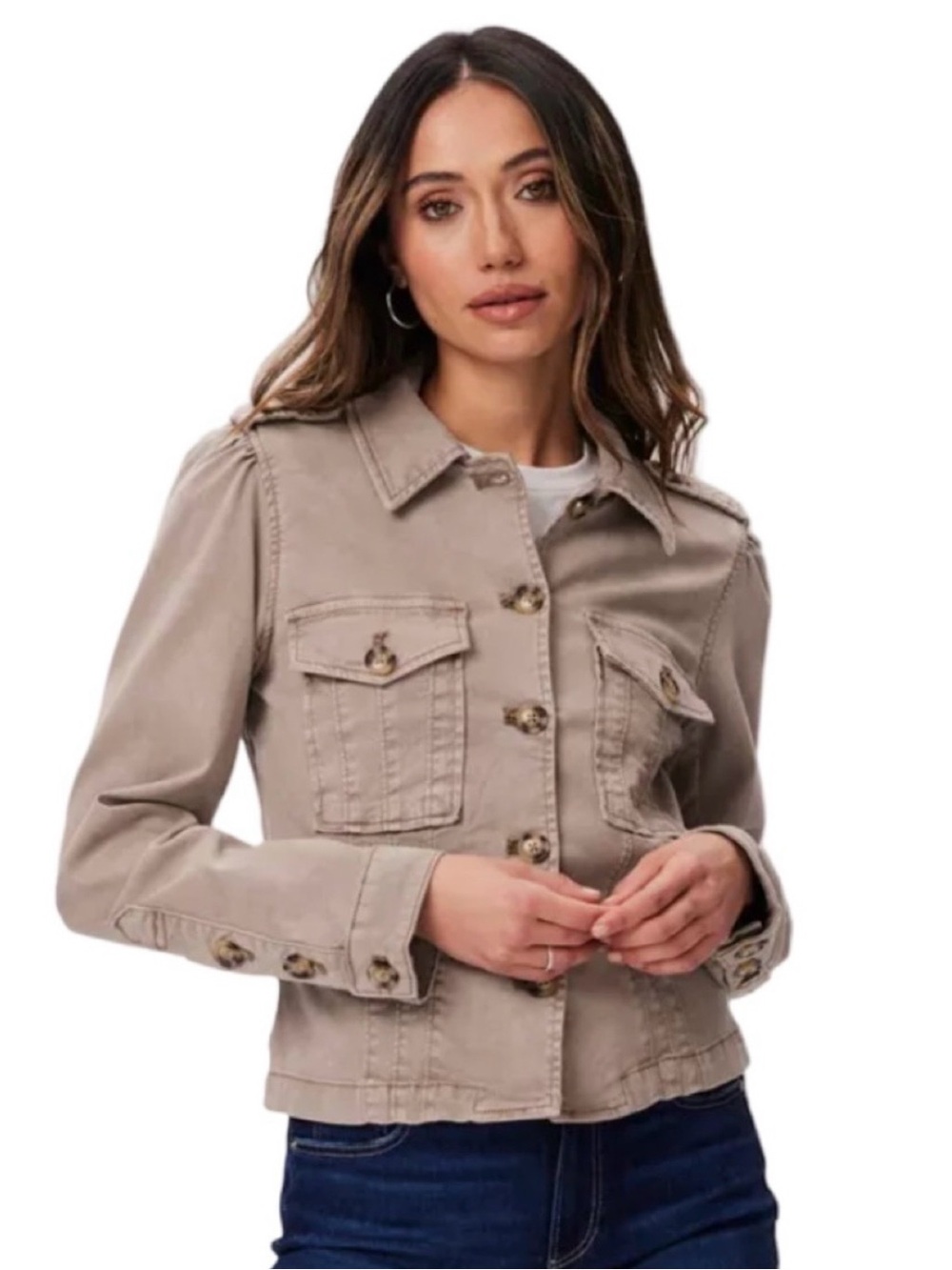 PAIGE Pacey Vintage Moss Taupe Button-Front Jacket